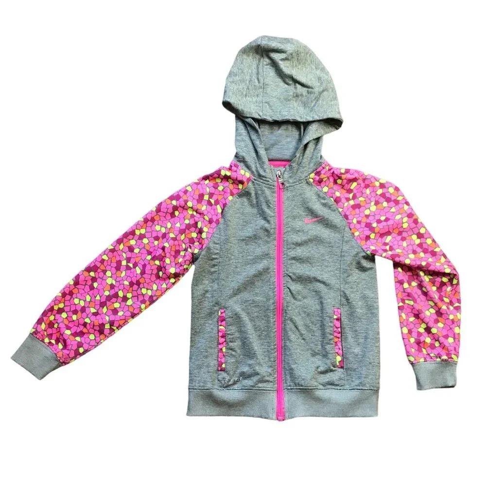 Nike Dri-Fit Lightweight Full Zip Jacket Girls Size 6 Gray,‎ Pink Zipper Pockets